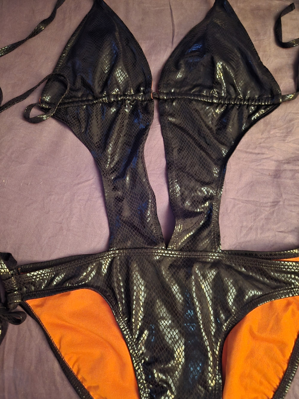 Black Shimmery Snake-Print One-Piece Swimsuit with Orange Lining